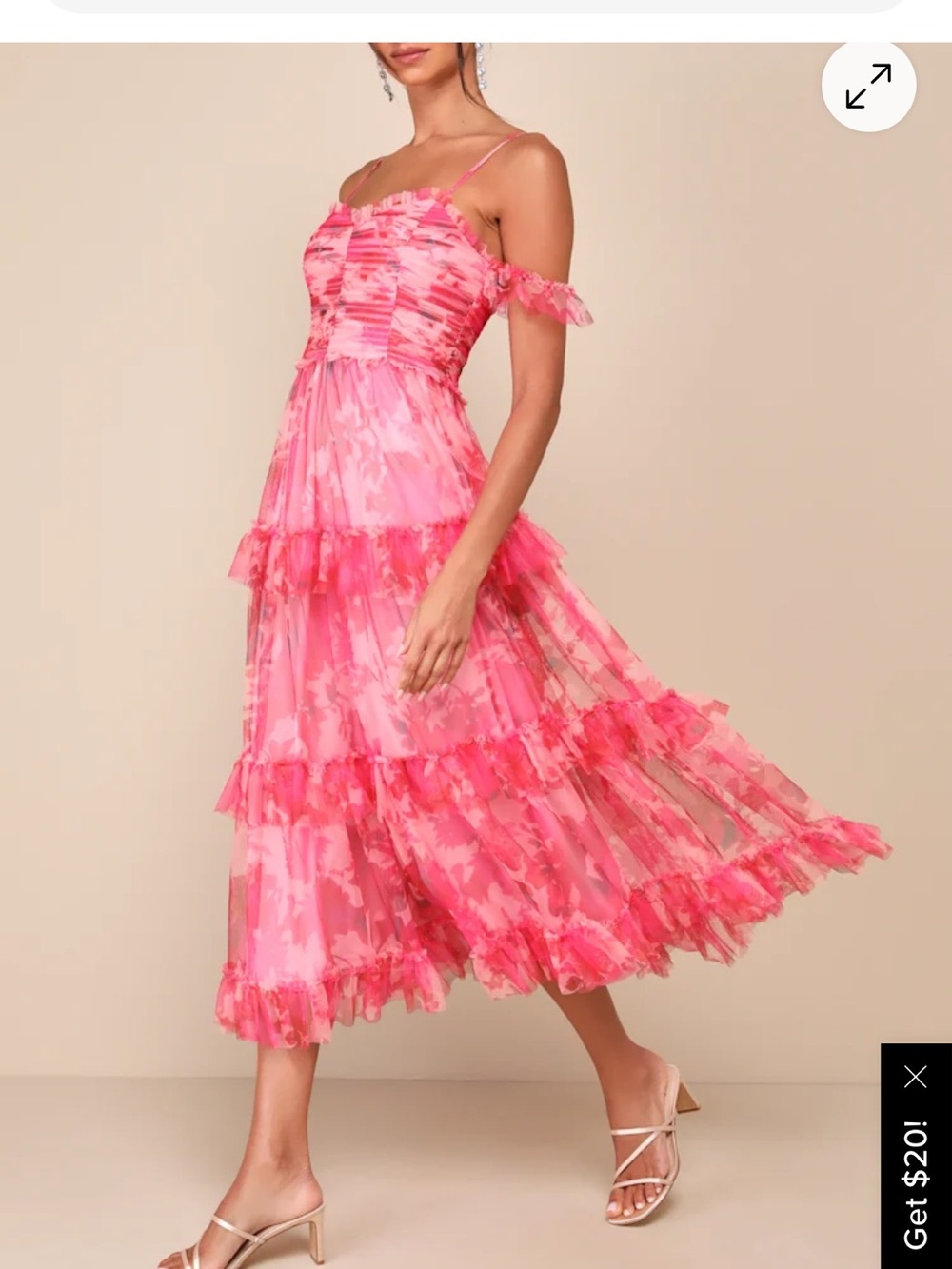 Lulu's Pink Floral Tiered Midi Dress with Ruffled Straps